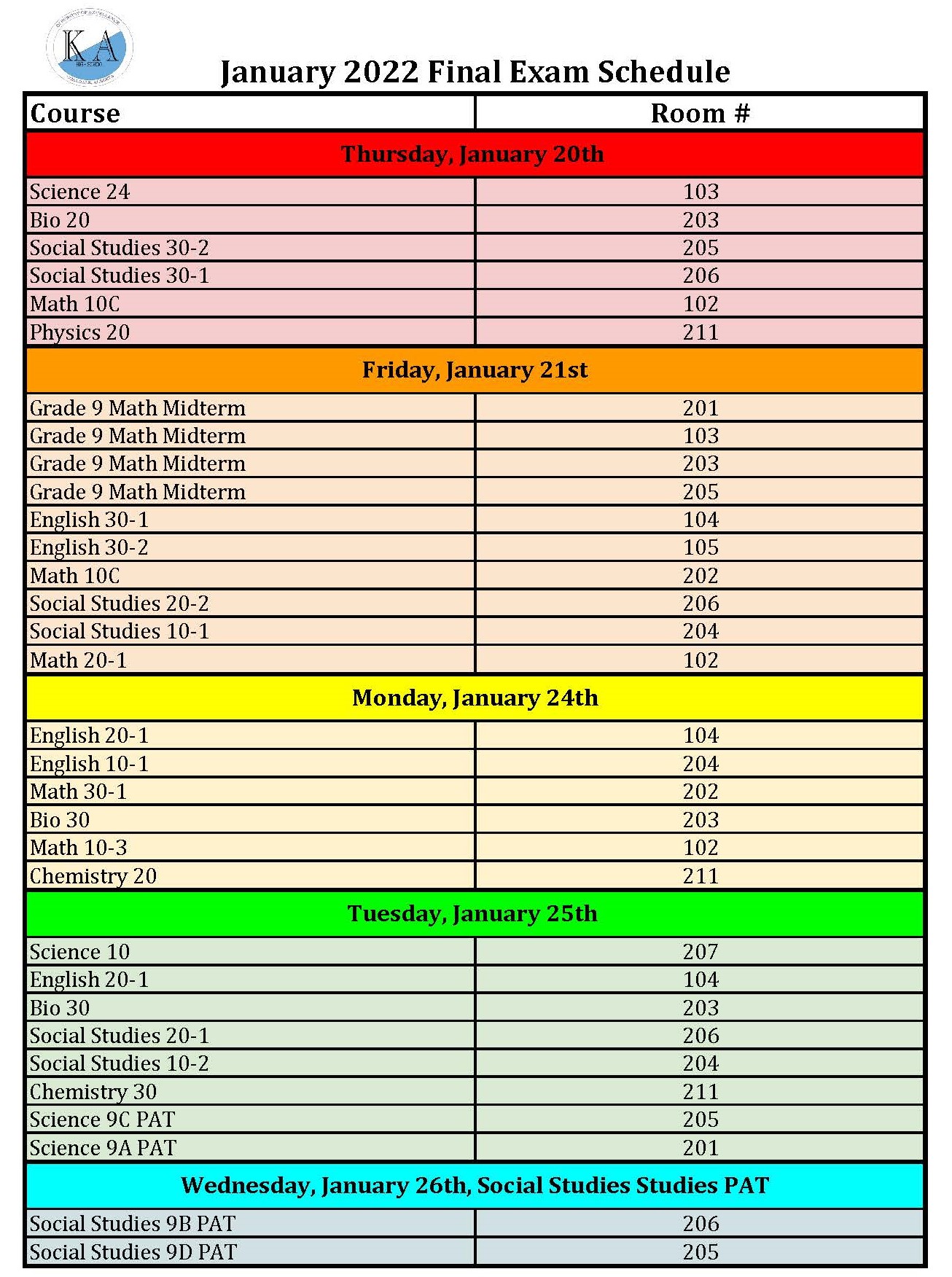 2022 Finals Schedule Revised Exam Schedule | Kate Andrews High School Coaldale, Alberta, Canada